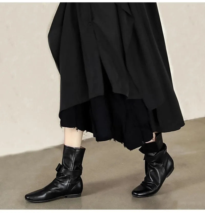 Soft Leather Lace-up Ankle Boots Comfortable Flats Short Booties Bowknot Chelsea Boots Shoes Botas